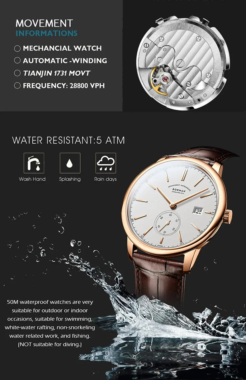 Orologio BORMAN BM3817 TOP nuovo 42 da uomo di lusso, meccanico automatico, vetro zaffiro, ultrasottile, impermeabile 50M, con sottoquadranti