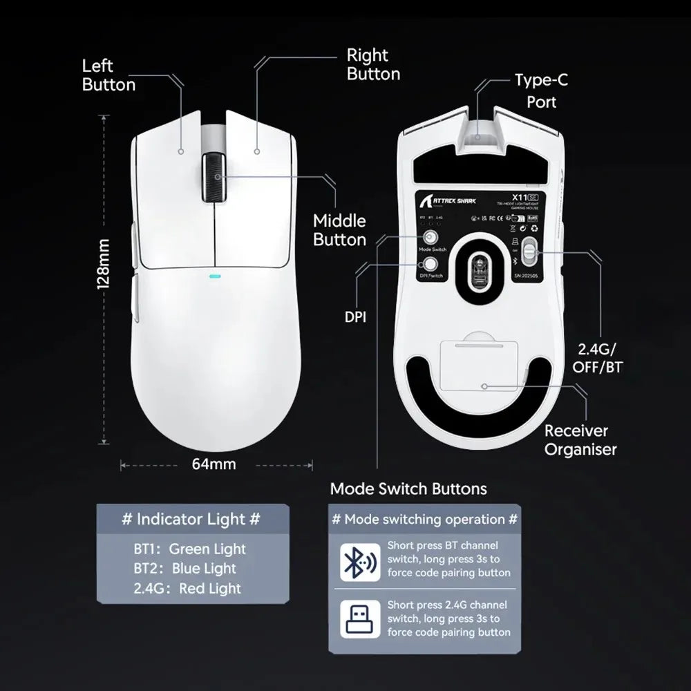 Rato Gaming Sem Fios Ultraligeiro ATTACK SHARK X11SE, vida útil de 20 milhões de ciclos, PAW3311 Gaming, 22KDPI, 400IPS, 40G, 1KHz, 65 horas, 30mAH