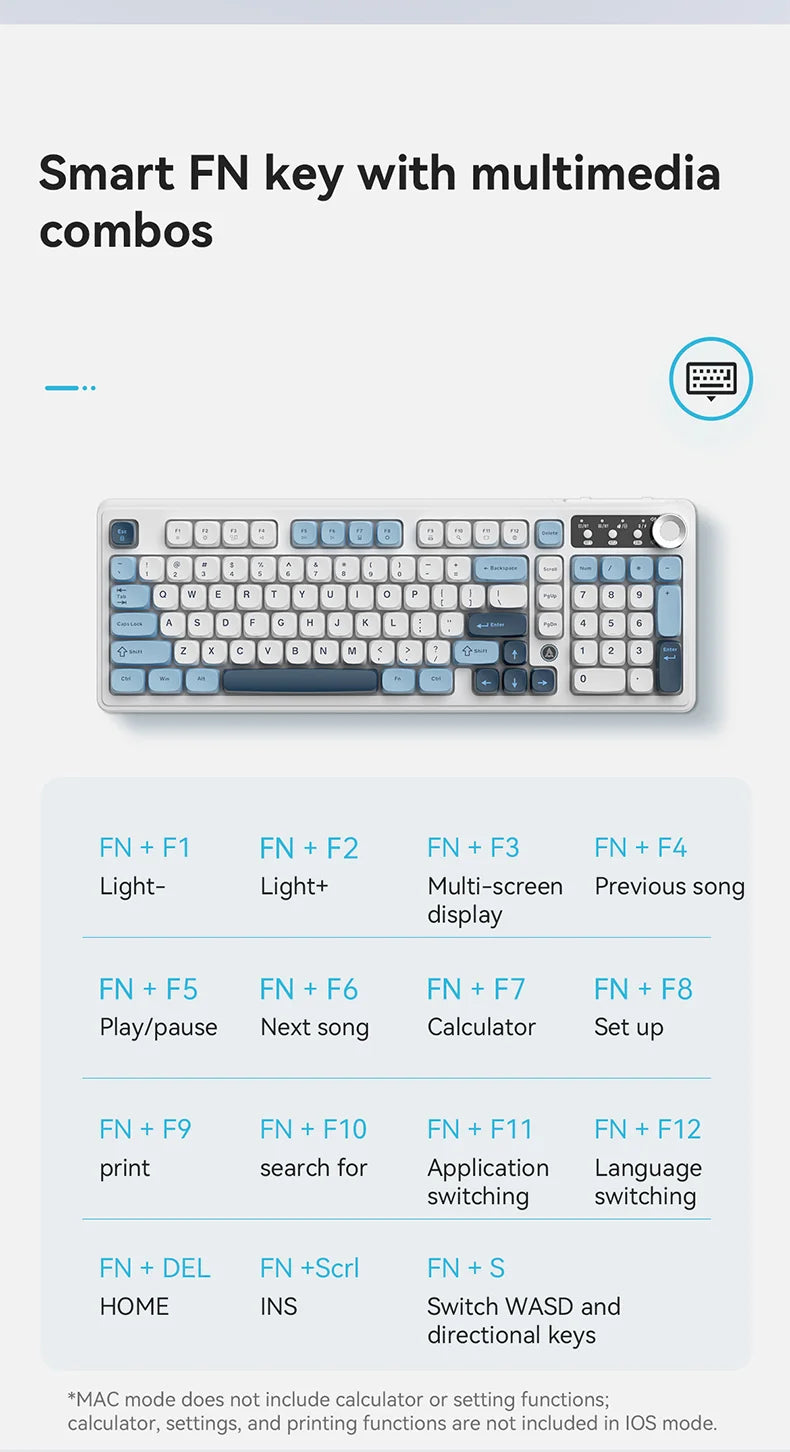 AJAZZ AF98 kabelgebundene/kabellose Tastatur mit mechanischem Tippgefühl, für das Büro, lange Akkulaufzeit, drei Modi, RGB-Mischbeleuchtung, ABS-Tastenkappen, ergonomisch