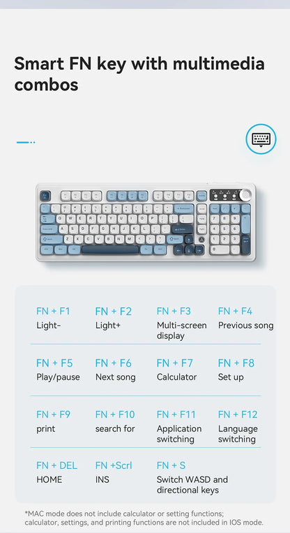 AJAZZ AF98 kabelgebundene/kabellose Tastatur mit mechanischem Tippgefühl, für das Büro, lange Akkulaufzeit, drei Modi, RGB-Mischbeleuchtung, ABS-Tastenkappen, ergonomisch