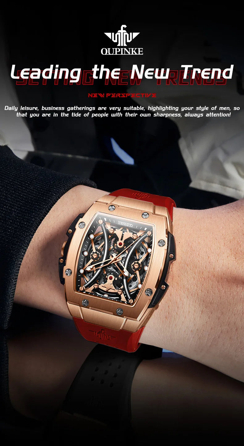 Relógio masculino OUPINKE clássico de luxo com mostrador tonneau, marca de topo, original, automático mecânico, bracelete em silicone e vidro de safira, novo