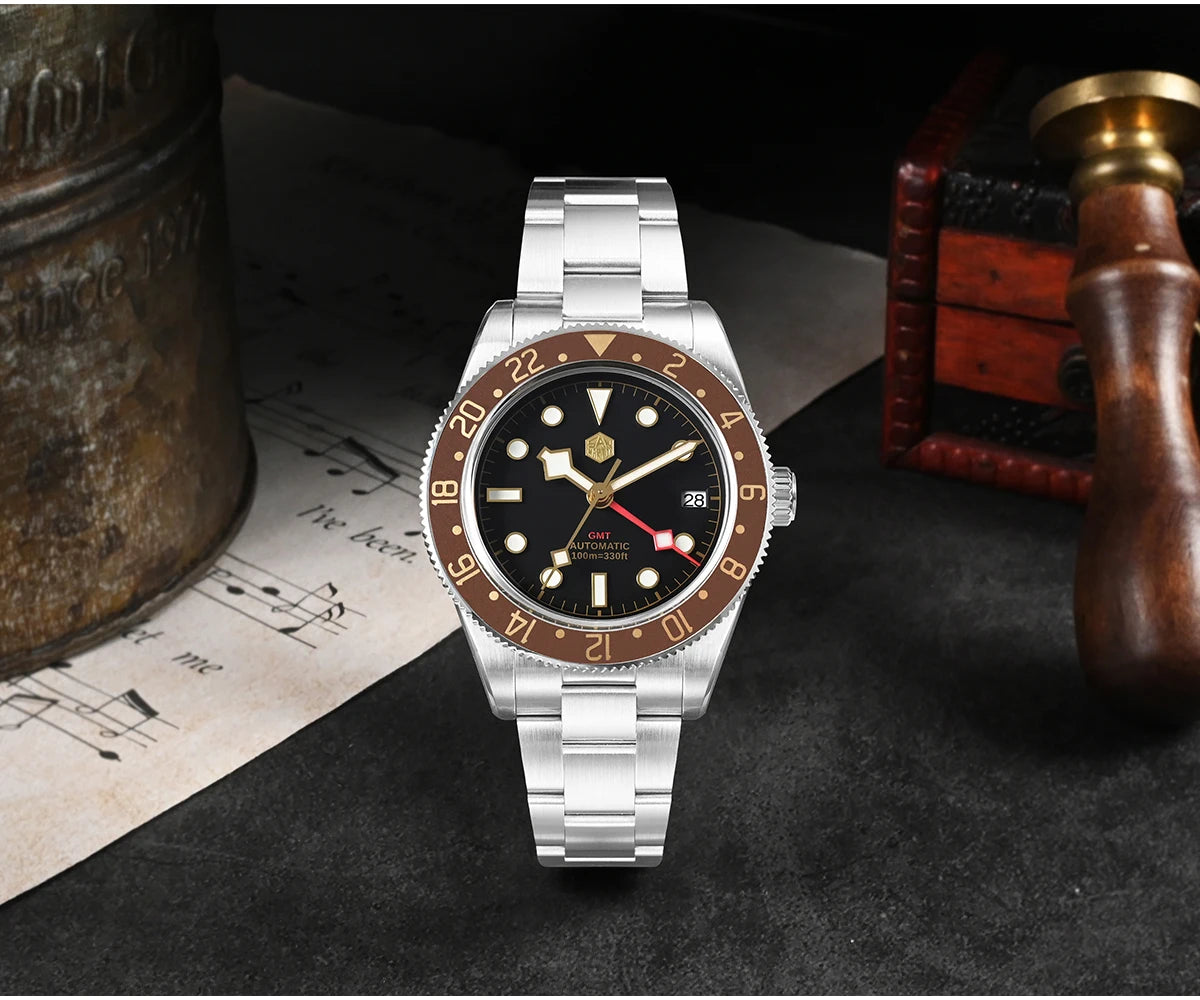 San Martin 39mm NH34 GMT Men's Luxury Watch Bidirectional Aluminum Bezel Automatic Mechanical Sapphire 100M Waterproof SN0109