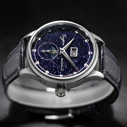 Sugess Moonphase Watch of Men 40mm Automatic Mechanical Wristwatches Seagul ST2528 Movement Stainless Steel Blue Sandstone Dial