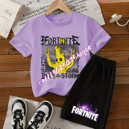 Conjunto de T-shirt e calções Fortnite Series para criança, top e calças inspirados em jogo popular, outfit de verão para casa, confortável e adorável, presente de aniversário