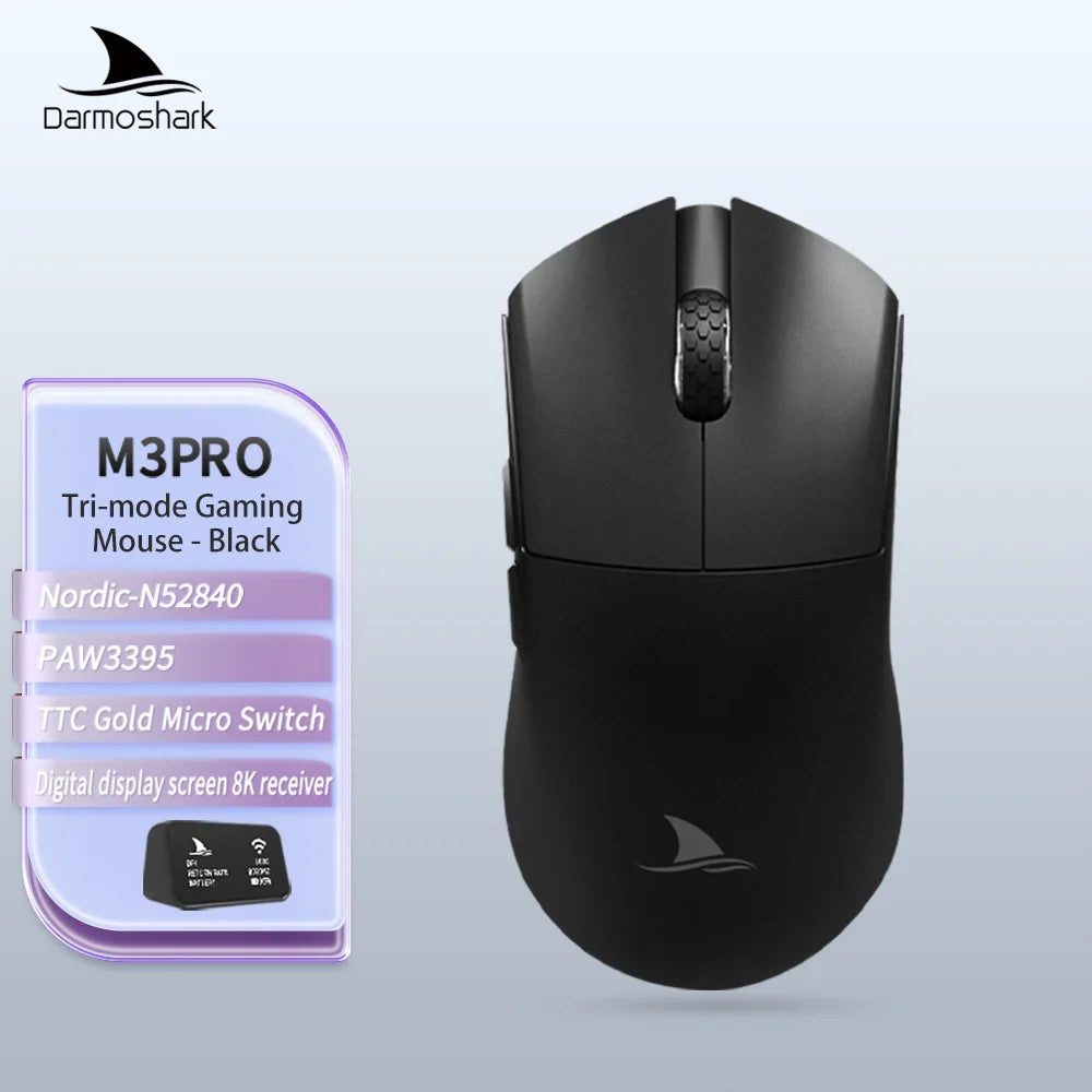 Mouse da gaming Darmoshark M3Pro 2.4G BT wireless tri-mode, sensore PAW3395, N52840, 26000DPI, mouse con driver macro per mani grandi per il gaming