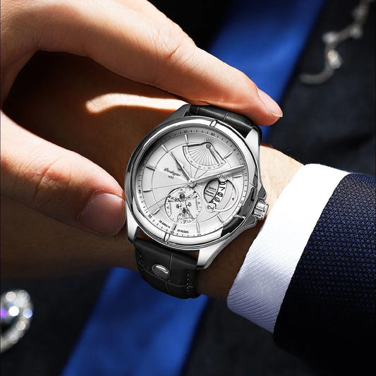 Reloj de pulsera de cuarzo POEDAGAR para hombre – Estilo ejecutivo, de lujo, resistente al agua, luminiscente, con indicador de fecha y correa de piel – Elegante reloj para hombre
