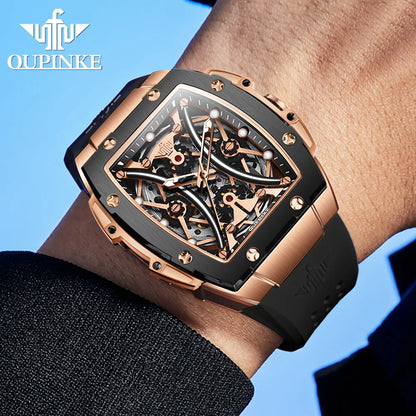 Relógio masculino OUPINKE clássico de luxo com mostrador tonneau, marca de topo, original, automático mecânico, bracelete em silicone e vidro de safira, novo