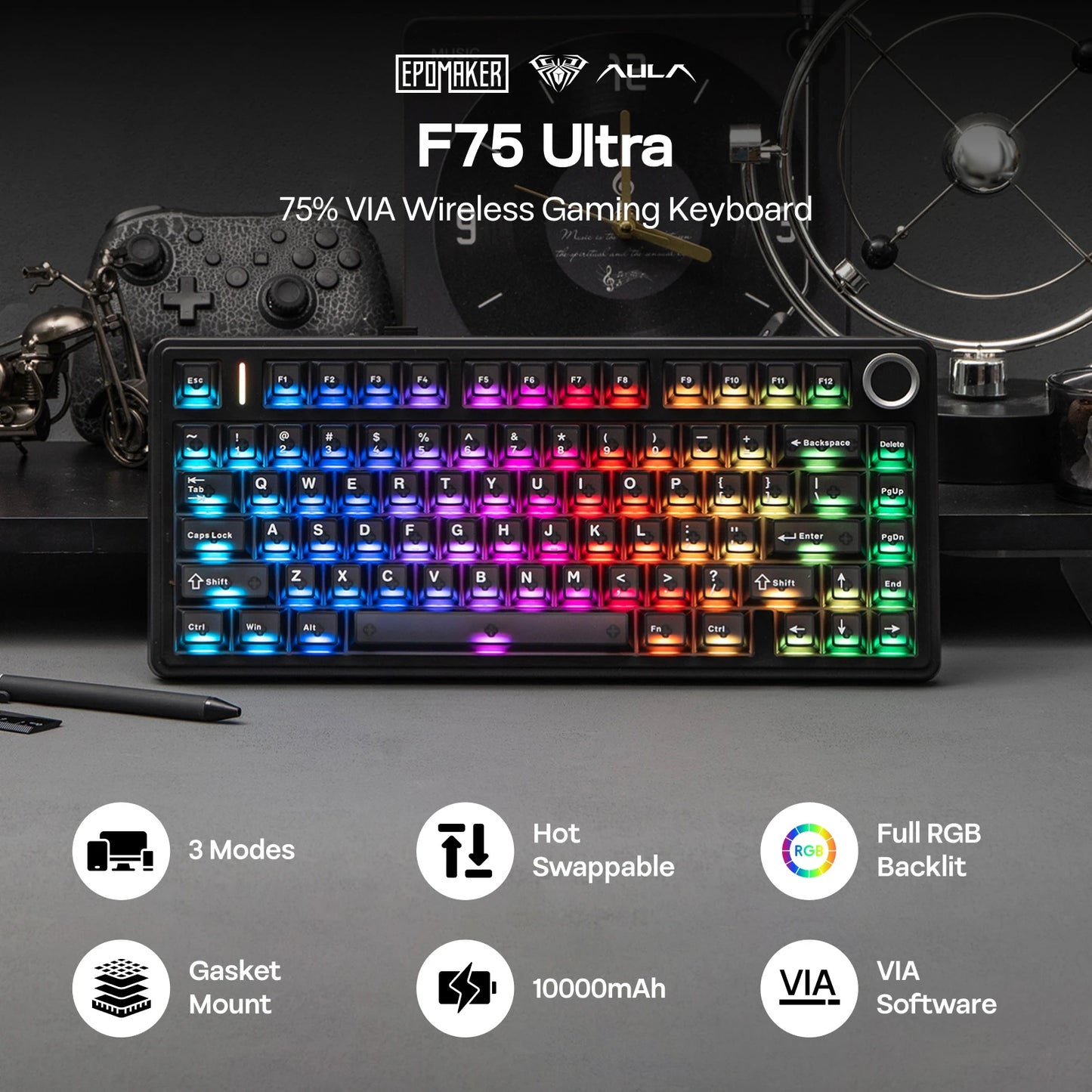 Teclado Mecânico EPOMAKER x AULA F75 Ultra VIA Programável 75% ANSI US QWERTY com Gasket, com Fios/Bluetooth/2.4Ghz Sem Fios