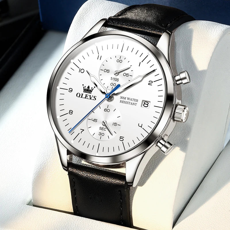 Montre pour homme OLEVS 2880 – Chronographe élégant et épuré, bracelet en cuir, affichage automatique de la date, étanche, aiguilles luminescentes, mouvement à quartz.