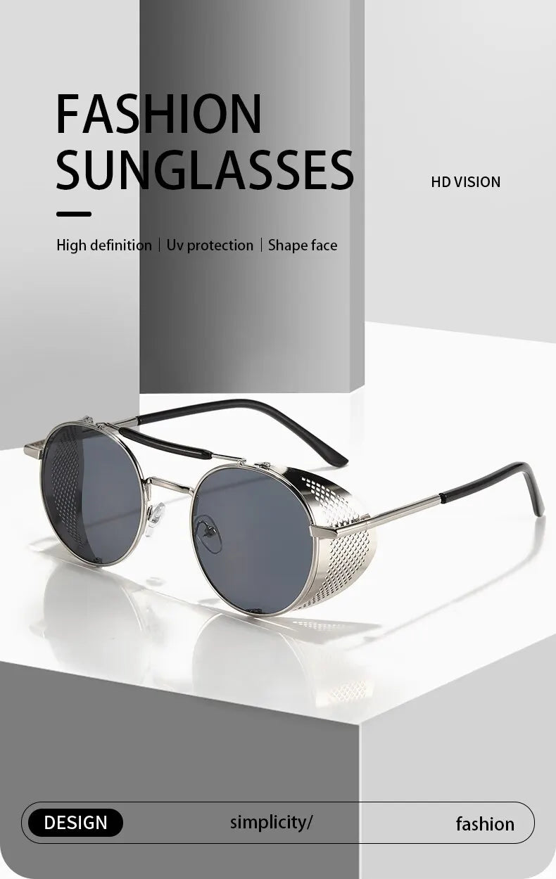 2023 Steampunk Side Wind Proof Mesh Flip Round Metal Sunglasses