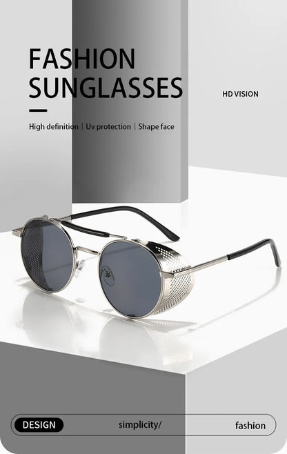 2023 Steampunk Side Wind Proof Mesh Flip Round Metal Sunglasses