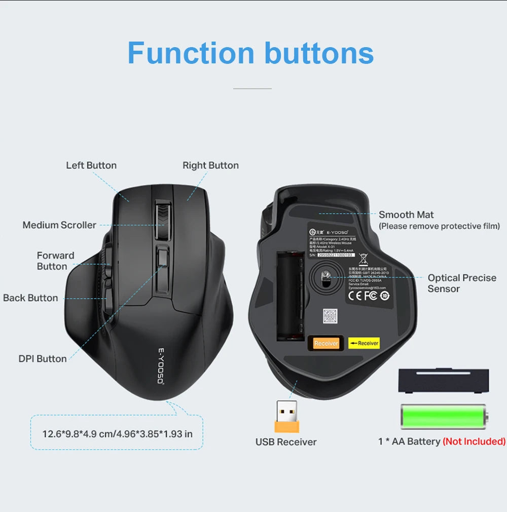 Rato Gaming Sem Fios E-YOOSO X-31 USB 2.4G de Grande Dimensão para Mãos Grandes, PAW3212, 4800 DPI, 5 Botões, para Gamer, Computador Portátil e PC
