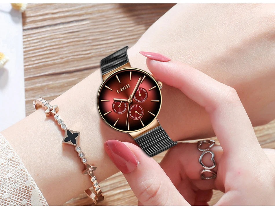 Montre pour femme LIGE, élégante et tendance – Style sport-décontracté, bracelet en maille, mouvement à quartz, affichage de la date et du jour, étanche.