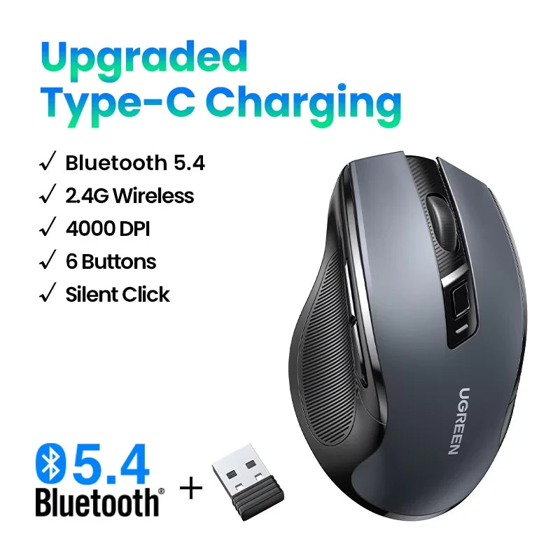 Ratón inalámbrico UGREEN Bluetooth 5.0 ergonómico 4000DPI con 6 botones silenciosos para MacBook, tabletas, portátiles, ordenador PC y conexión 2.4G