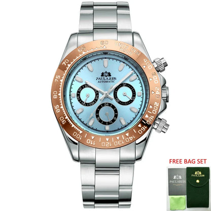 Automatic Watches for Men Mechanical Self Weind Gold Stainless Steel Glacier Ice Blue Chestnut Brown Bezel Reloj Hombre Baratos