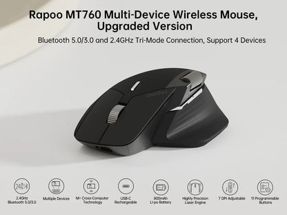 Rato Sem Fios Recarregável Multimodo Rapoo MT760L/MT760M Ergonómico 4000 DPI com Suporte até 4 Dispositivos Bluetooth