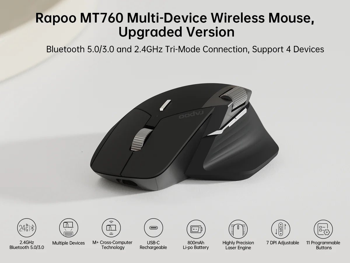 Rato Sem Fios Recarregável Multimodo Rapoo MT760L/MT760M, Ergonómico, 4000 DPI, Suporte para Até 4 Dispositivos, Rato Bluetooth
