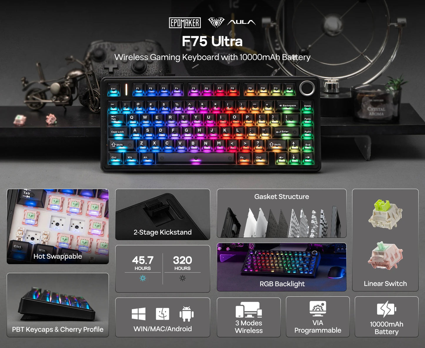 Teclado Mecânico EPOMAKER x AULA F75 Ultra VIA Programável 75% ANSI US QWERTY com Gasket, com Fios/Bluetooth/2.4Ghz Sem Fios