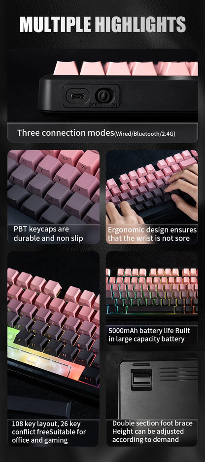 V108 Pro Bluetooth-Tastatur Büro, geräuscharm, 2.4G kabelgebunden & kabellos, vollständiges Layout mit RGB-beleuchteter Membran