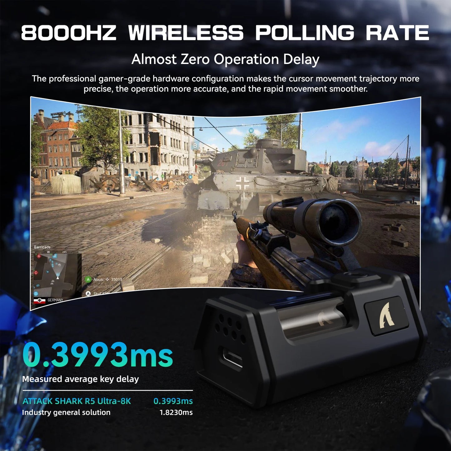 Ratón gaming inalámbrico ATTACK SHARK R5Ultra de fibra de carbono 8K PAW3950MAX con cable enrollado 8K