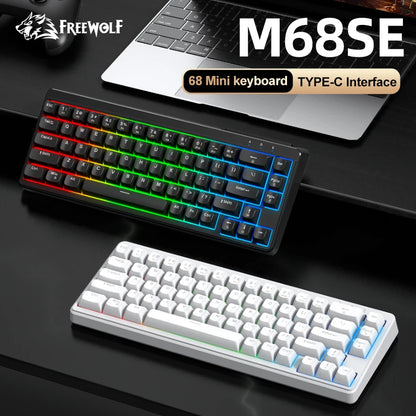FREEWOLF M68SE Teclado Mini com Fio de 68 Teclas, Retroiluminação RGB, Type-C, Layout 68%, Compacto para Gaming, Escritório, PC e Portátil