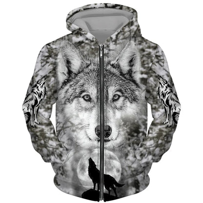 Sweat à capuz com fecho e estampado 3D de lobo, estilo streetwear, para homem/mulher, casaco com capuz unissexo casual hip-hop