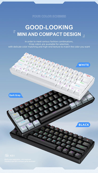 Teclado Mecânico Mini APAYADO K61, Com Fios, 61 Teclas, Phantom RGB, Switch Mecânico Vermelho/Azul Preto/Branco para Gaming, 60% Portátil