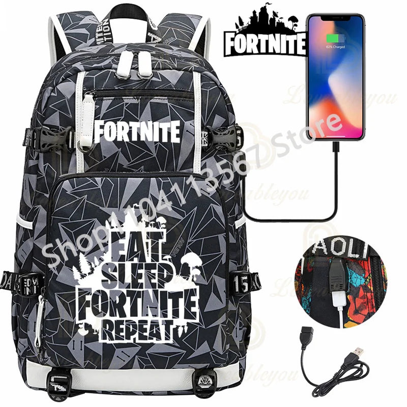 Mochila Yule Trooper F-Fortnited Battle Royale com carregamento USB, figuras anime e compartimento para material escolar para estudantes