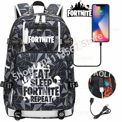 Mochila Yule Trooper F-Fortnited Battle Royale com carregamento USB, figuras anime e compartimento para material escolar para estudantes