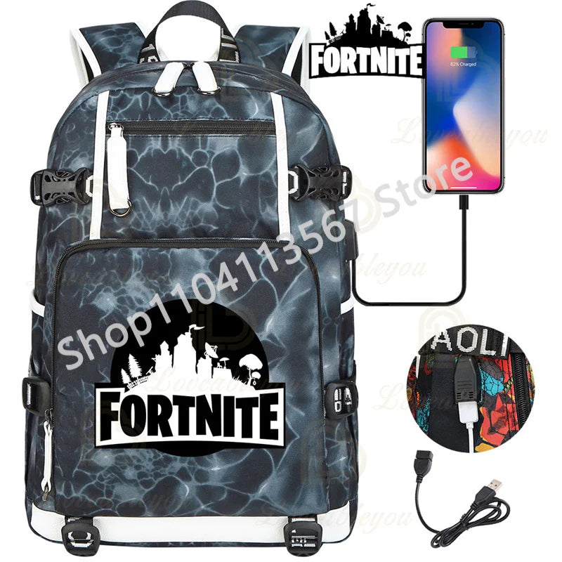 Ultima Knight F-Fortnited Battle Royale Rucksack mit USB-Ladeanschluss, Anime-Figuren und Studienfach für Schreibwaren für Schüler