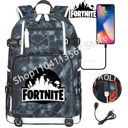 Ultima Knight F-Fortnited Battle Royale Rucksack mit USB-Ladeanschluss, Anime-Figuren und Studienfach für Schreibwaren für Schüler
