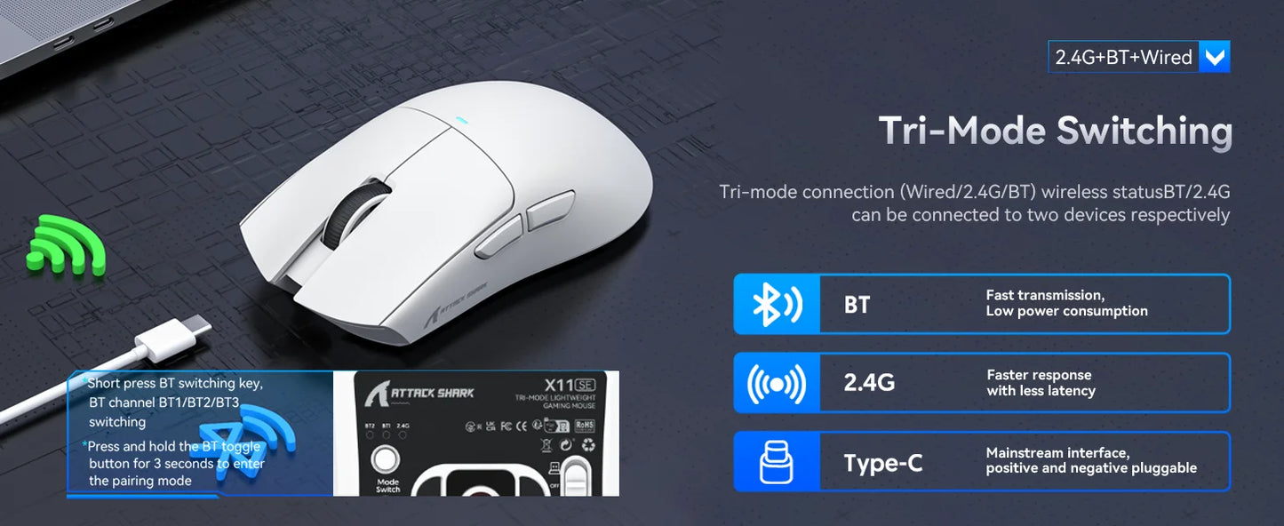 Ratón gaming inalámbrico ATTACK SHARK X11SE, trimodo, superligero de 63g con sensor PAW3311, 22000 DPI, batería de 300mAh, doble controlador