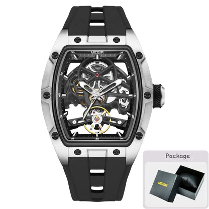 MEGIR men’s mechanical watch, tonneau shape, open-worked skeletonised dial, sporty style, silicone strap, luxury automatic watch
