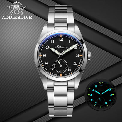 ADDIESDIVE 36mm Herren-Quarzuhr VH60 mit BGW9-Leuchtbeschichtung, Bubble-Mirror-Topfdeckelglas, 10Bar wasserdicht, Edelstahl-Uhr