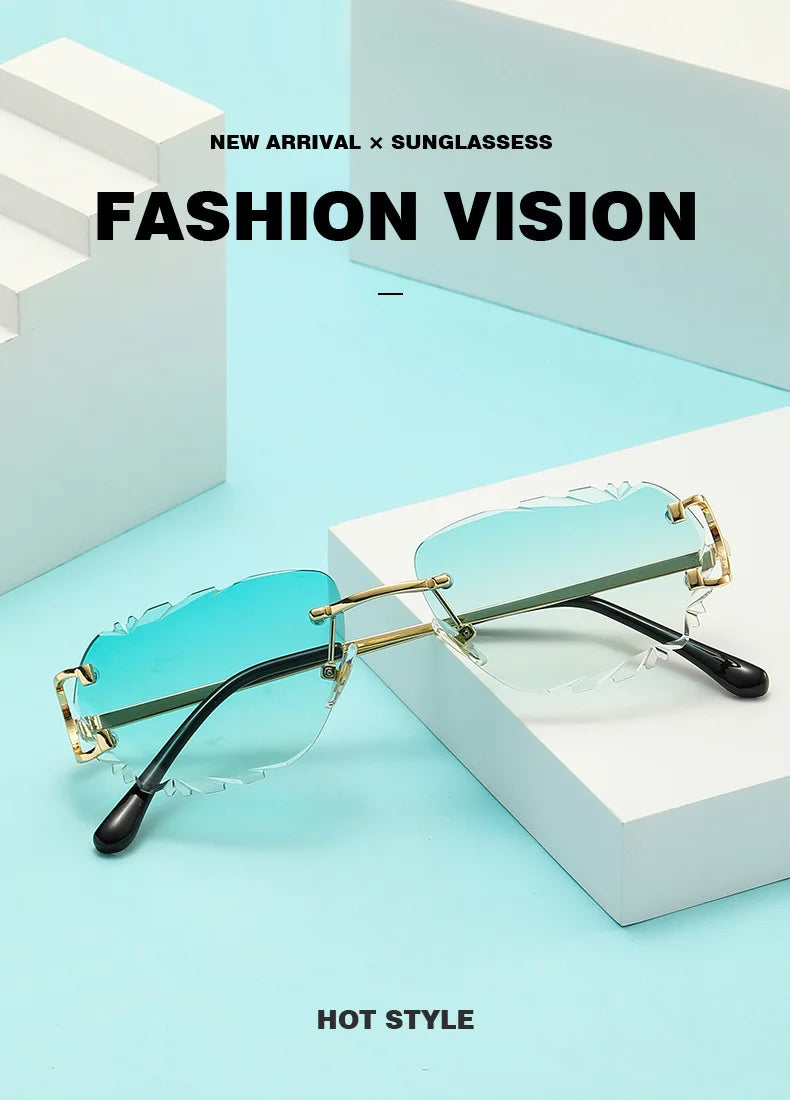 Retro Sunglasses Women Brand Designer Rimless Sun Glasses Fashion Shades Irregular Cutting Lens Ladies Frameless Eyeglasses