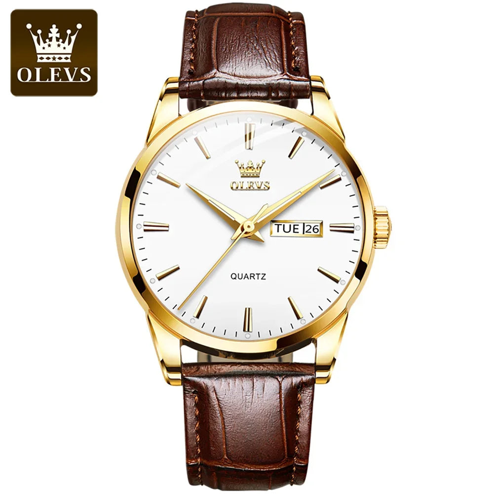 Montre à quartz OLEVS pour homme – Style luxe et élégant, bracelet en cuir, affichage de la date et du jour, étanche, idéale pour le travail