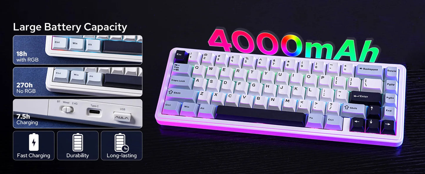 Teclado mecânico EPOMAKER x AULA F65 com layout 65%, hot-swap, montagem gasket e ligação com fios/Bluetooth/2.4G sem fios para Mac/Win