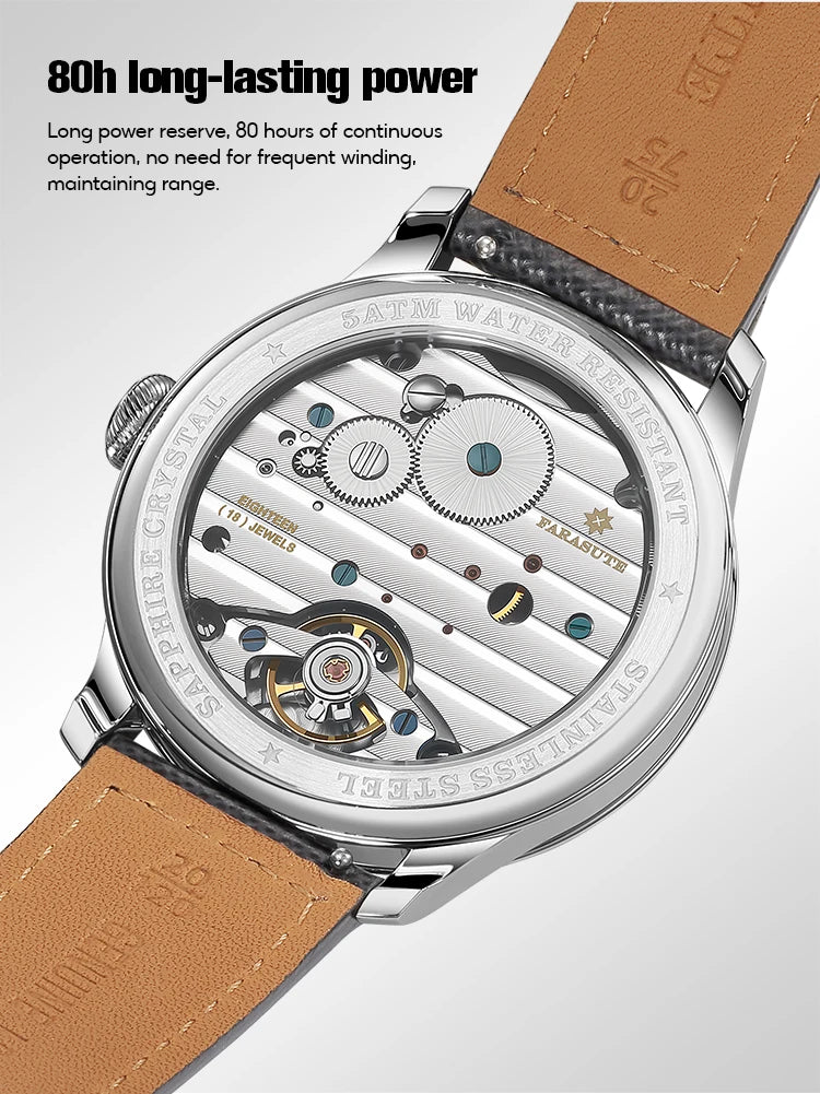 Relógio masculino FARASUTE NEW Machinery com mostrador salmão, movimento mecânico manual ST17, pequeno segundeiro e bracelete Bonklip vintage