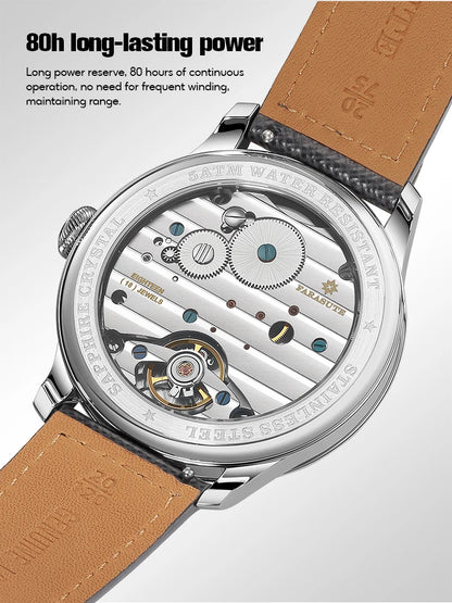 Relógio masculino FARASUTE NEW Machinery com mostrador salmão, movimento mecânico manual ST17, pequeno segundeiro e bracelete Bonklip vintage
