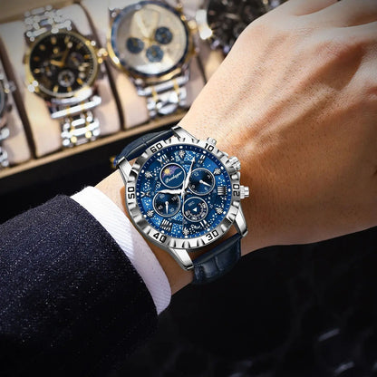 Luksusowy zegarek na rękę POEDAGAR dla mężczyzn – sportowy chronograf, wodoodporny i podświetlany, z skórzanym paskiem, mechanizm kwarcowy
