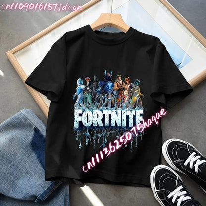 T-shirt preta em algodão para criança Fortnites Fortress Night, manga curta, estilo cartoon, para menino e menina, roupa de verão kawaii, top para oferta
