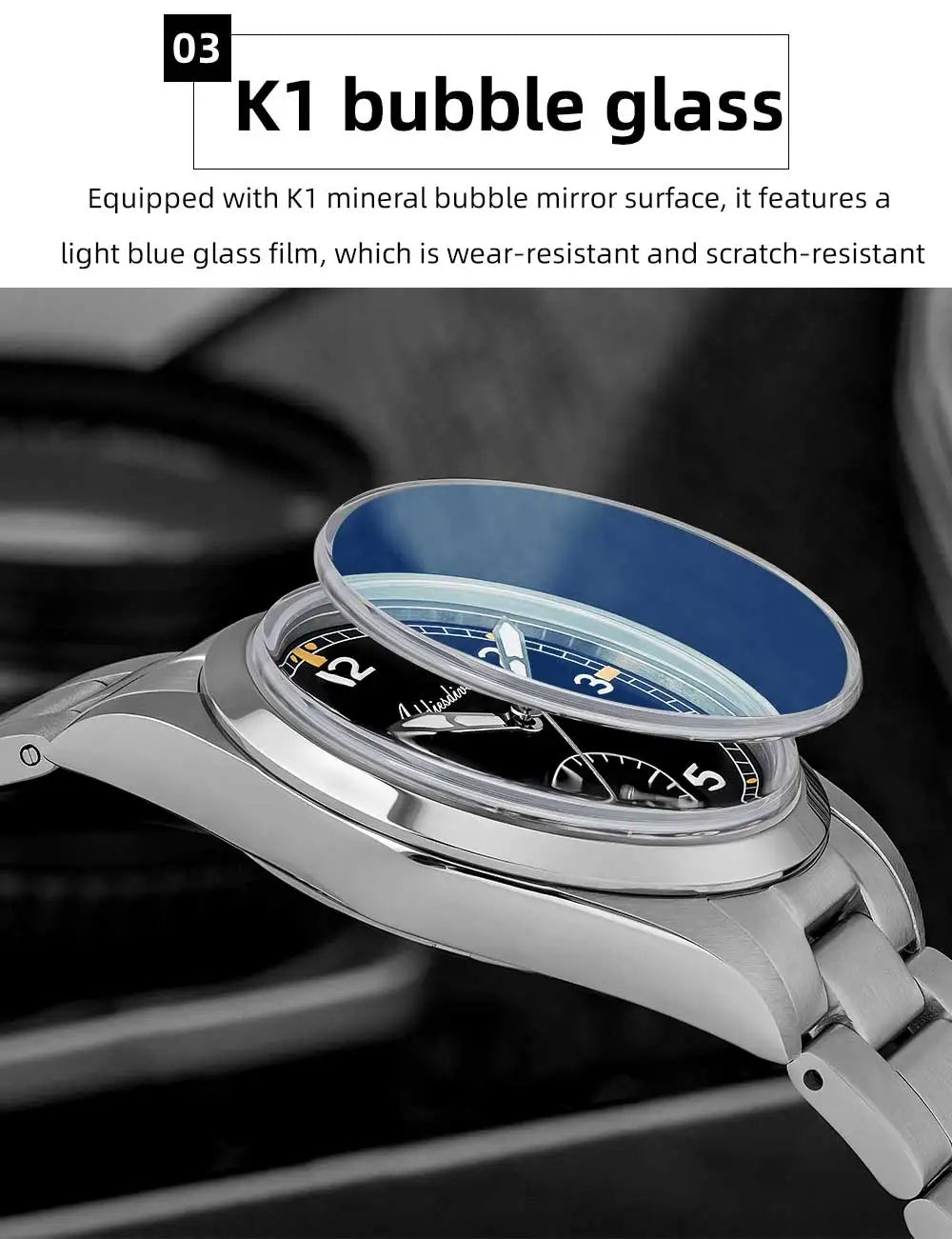 ADDIESDIVE 36mm Herren-Quarzuhr VH60 mit BGW9-Leuchtbeschichtung, Bubble-Mirror-Topfdeckelglas, 10Bar wasserdicht, Edelstahl-Uhr