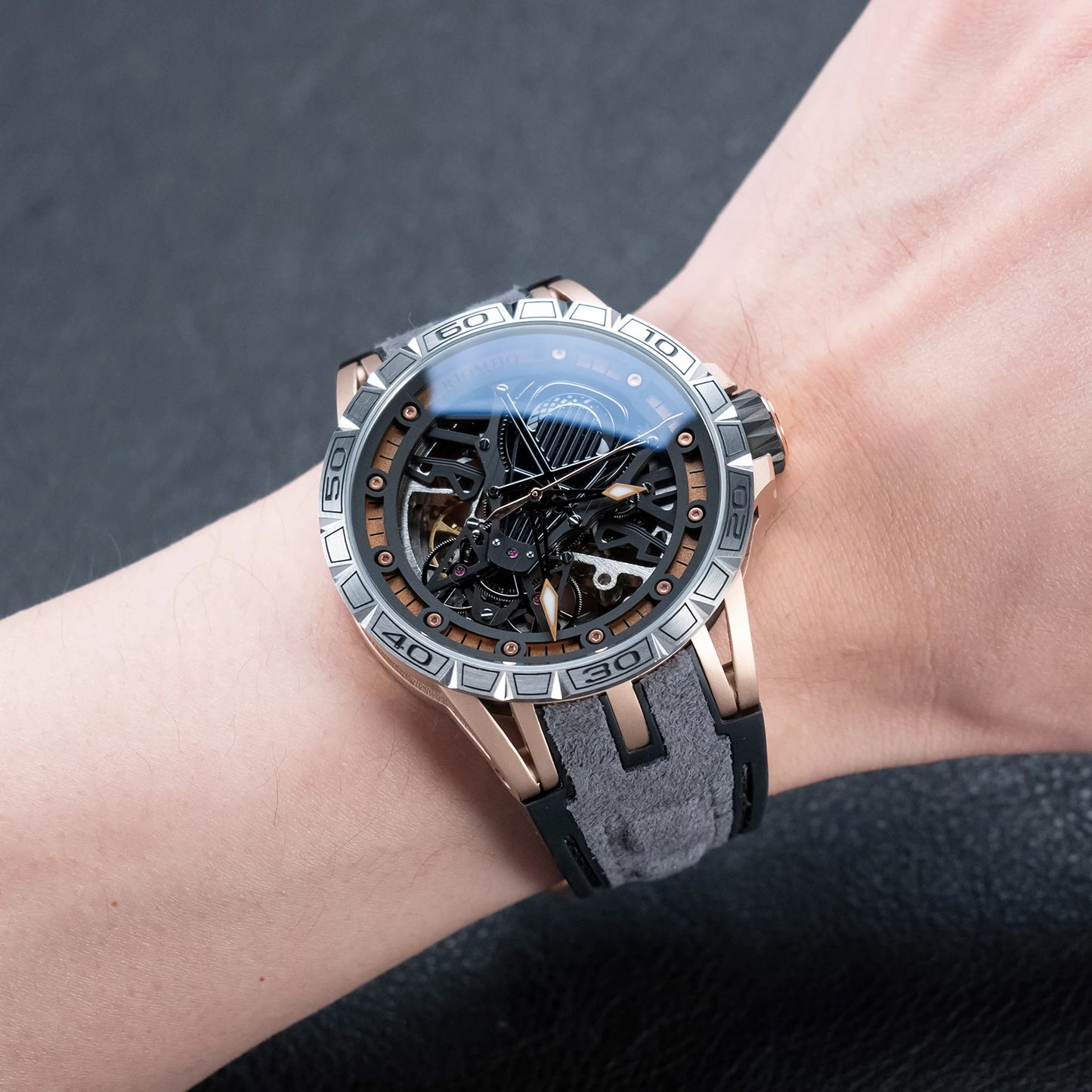 OBLVLO Men's Two Tone Big Skeleton Dial Mechanical Automatic Watch Luminous Waterproof Rubber Band Machinery Clock RD-903