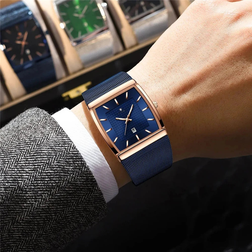 Relojes de pulsera de cuarzo, nuevos relojes cuadrados para hombre, color oro rosa, de alta calidad; reloj de marca de lujo, modelo para hombre, esfera azul.