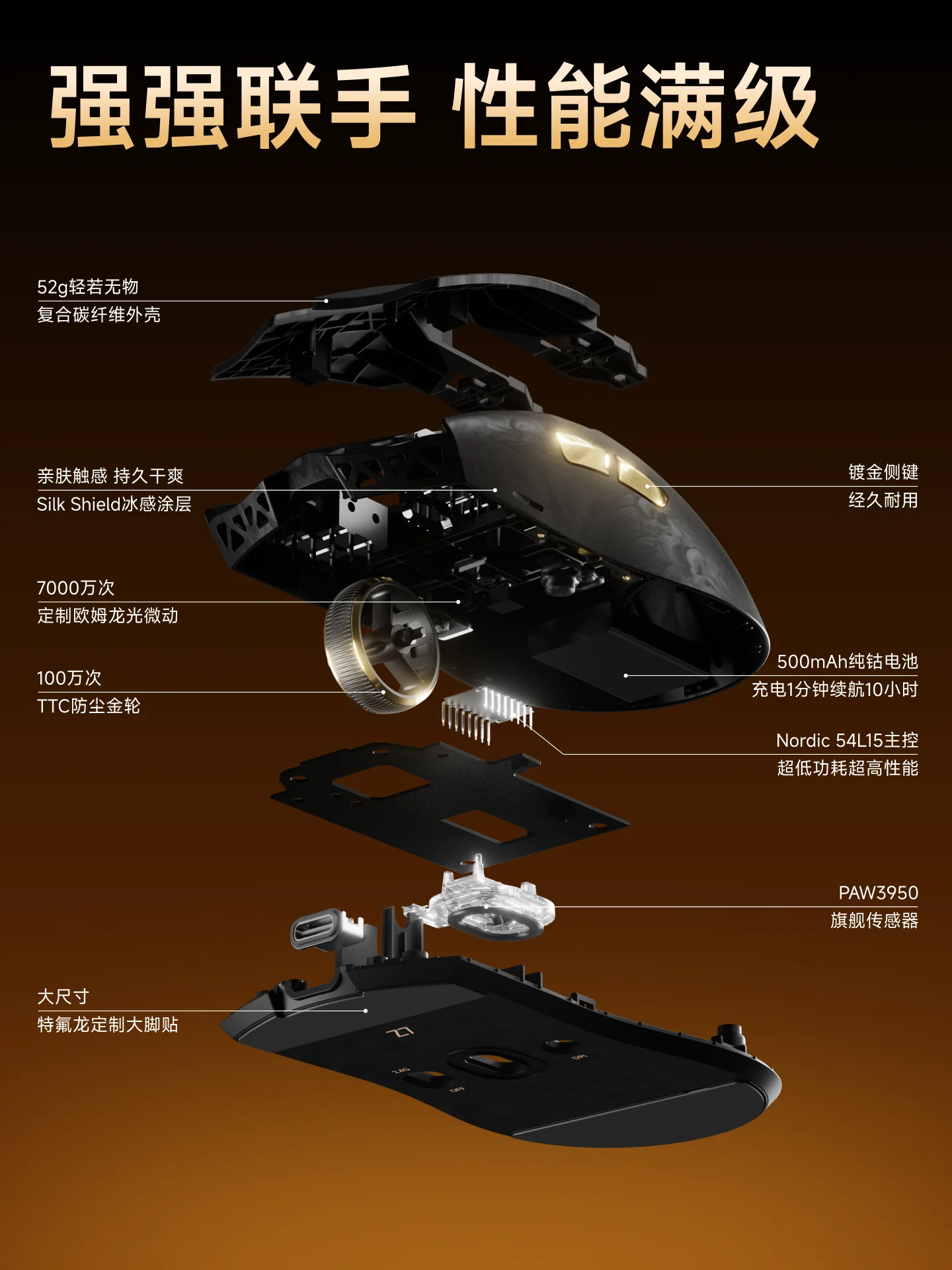 Mouse wireless EWEADN Z7 in fibra di carbonio Paw3950 Dual 8k leggero, ergonomico, di medie dimensioni, per eSport FPS e accessorio PC