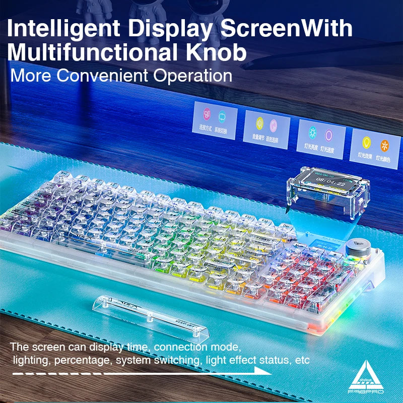 AULA F98PRO Wireless Mechanical Keyboard Transparent Keycaps RGB Backlit Custom 2.4G Hot Swappable Gaming Keyboard With Screen
