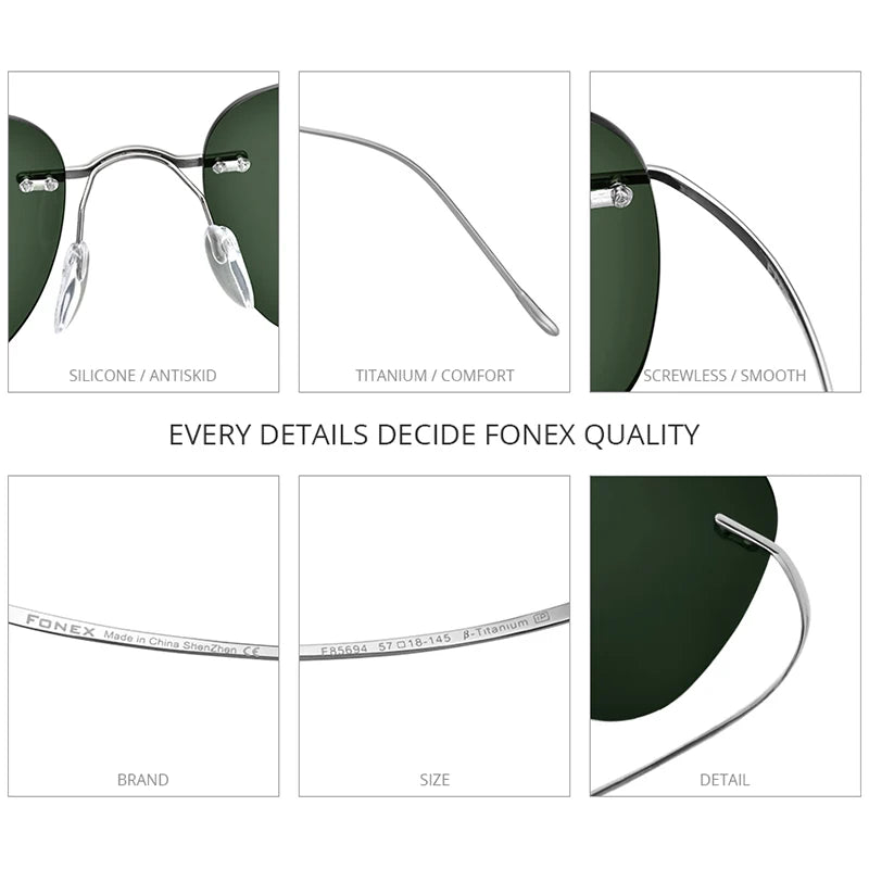 FONEX Titanium Rimless Sunglasses Men Austria Ultralight Frameless Square Polarized Sun Glasses for Women Japanese Shades 85694