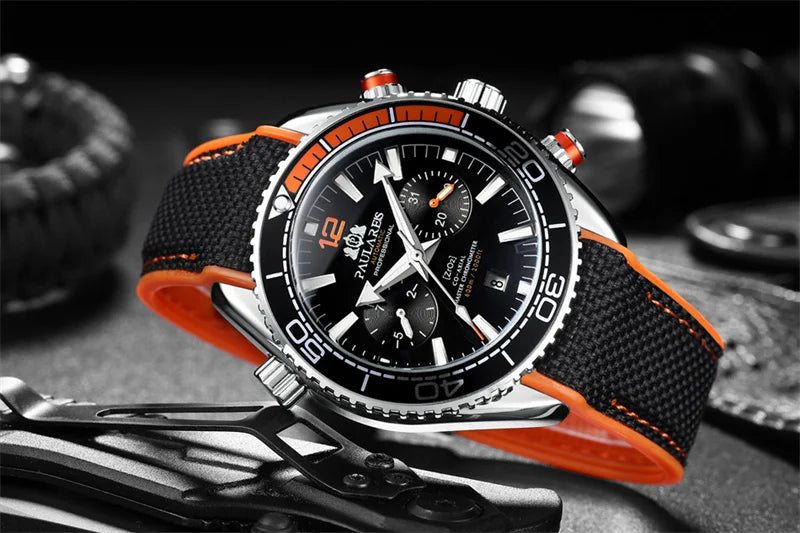 PAULAREIS P Reloj mecánico automático de lujo para hombre, cuerda automática, correa de caucho, resistente al agua, luminoso, con fecha, reloj de moda para hombre