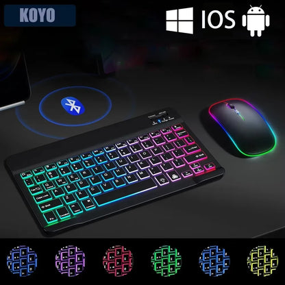 Mini-RGB-Tastatur mit Hintergrundbeleuchtung, 10 Zoll, Bluetooth, kabellose Maus, wiederaufladbar, für Spanisch, Russisch, Hebräisch, Koreanisch, Französisch, Arabisch, Portugal