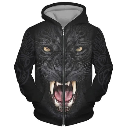 Sweat à capuz com fecho e estampado 3D de lobo, estilo streetwear, para homem/mulher, casaco com capuz unissexo casual hip-hop